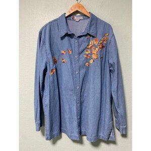 Vintage Passion Women's Leaves Denim Button‎ Down Shirt Size 1x